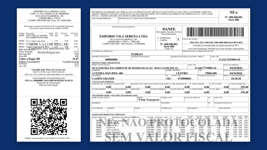 Comprovante da NFC-e ao lado do DANFE da NF-e, emitidos pela mesma loja em ambiente de homologação