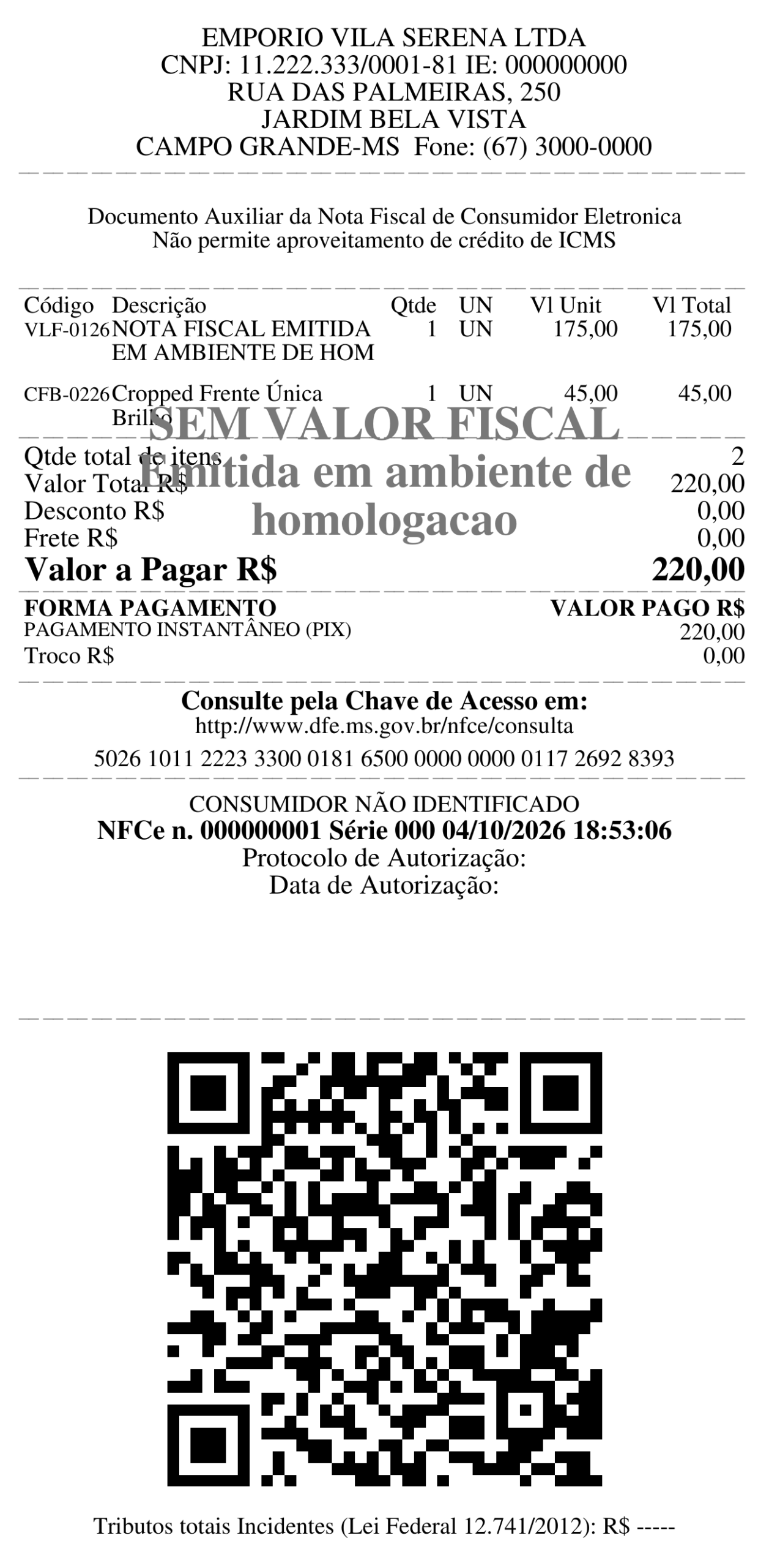 Comprovante de NFC-e emitido pelo ERPPro em ambiente de homologação, com QR Code de consulta