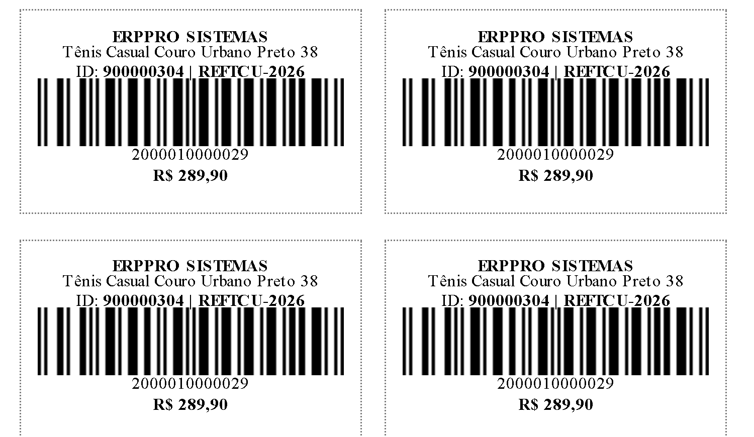 Quatro etiquetas impressas do Tênis Casual Couro Urbano Preto 38, com código de barras e preço