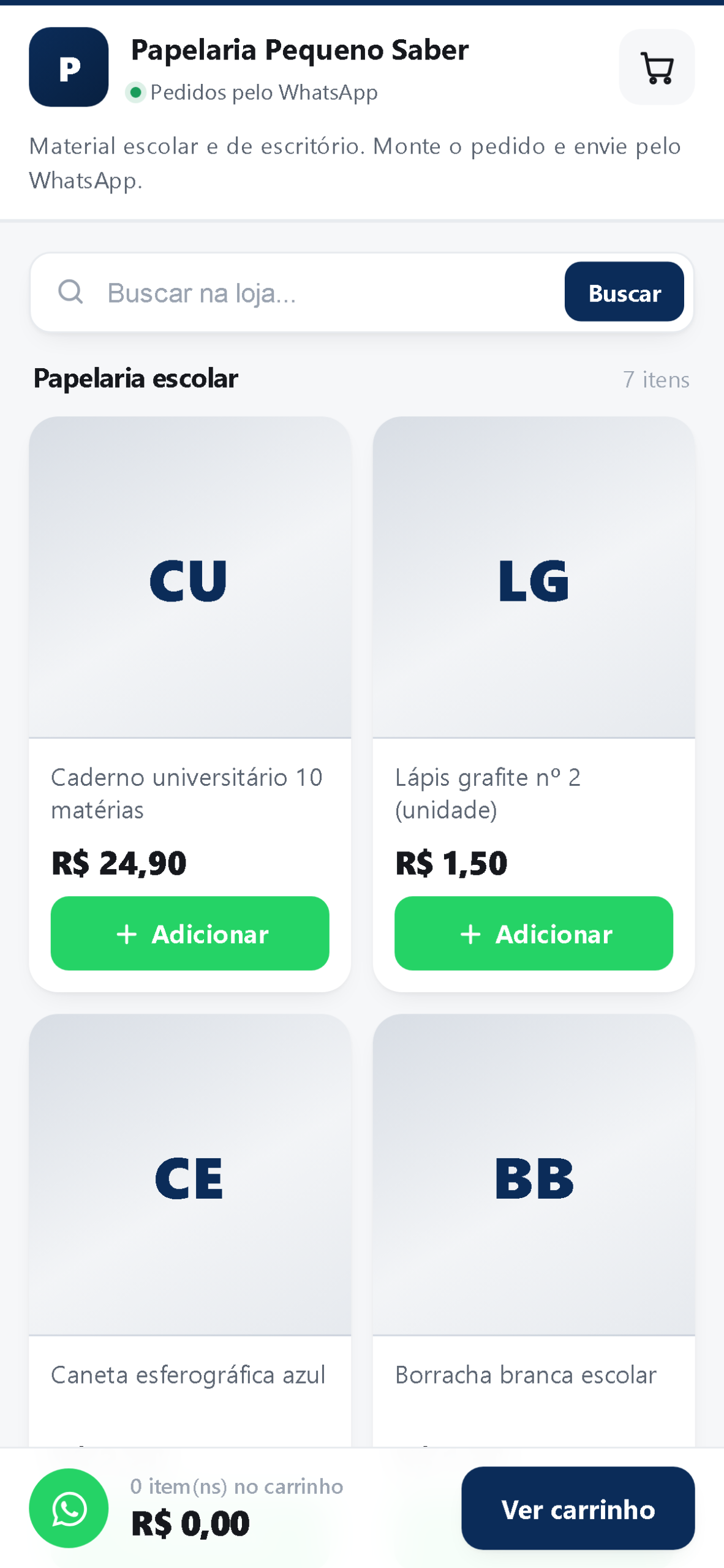 Catálogo digital de papelaria no celular, com itens de material escolar e botão de adicionar