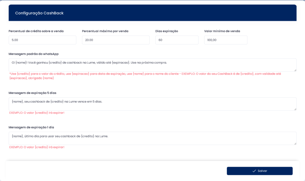 Configuração de cashback no ERPPro, com percentual de crédito, validade e mensagens de aviso pelo WhatsApp