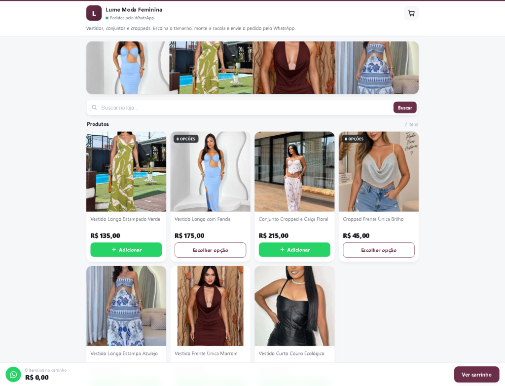 Vitrine do catálogo digital de uma loja de moda feminina, com vestidos, preços e botão de adicionar
