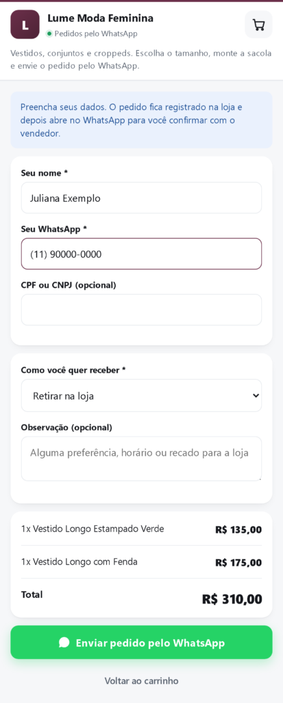 Tela de envio do pedido do catálogo digital, com nome, WhatsApp e aviso de que o pedido fica registrado na loja