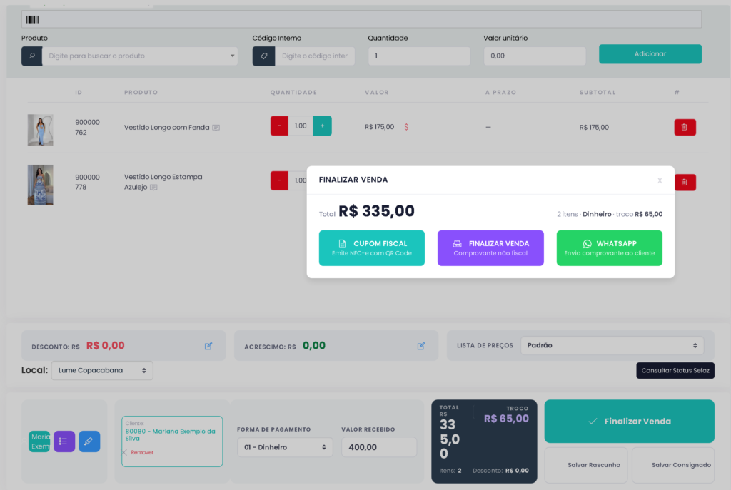 Tela de finalizar venda do ERPPro com o total das duas peças que ficaram e as opções de cupom fiscal e envio pelo WhatsApp