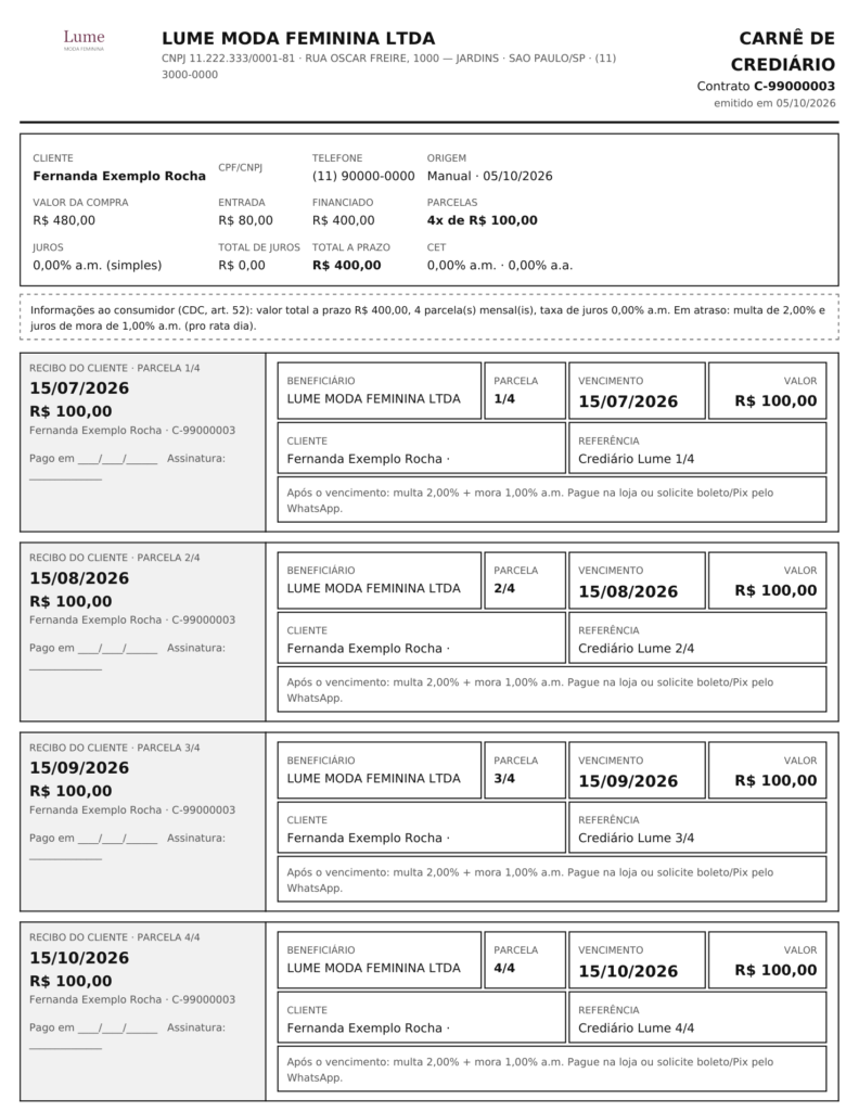 Carnê de crediário gerado pelo ERPPro, com os dados da loja e uma via para cada parcela