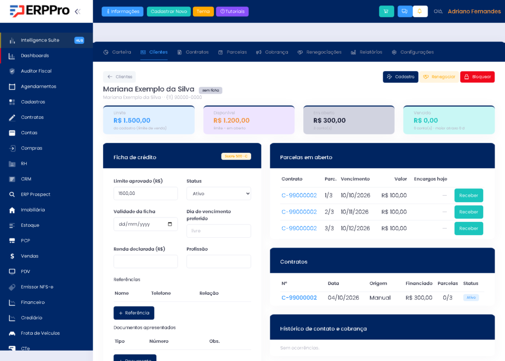 Ficha de crediário de uma cliente no ERPPro, com limite aprovado e parcelas em aberto