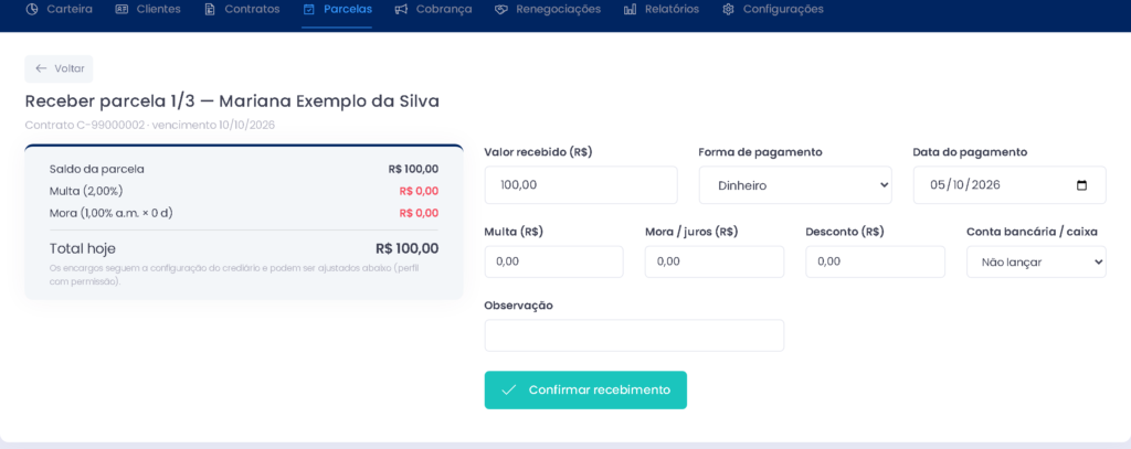 Tela de recebimento de parcela do crediário no ERPPro, com valor, multa, juros e forma de pagamento