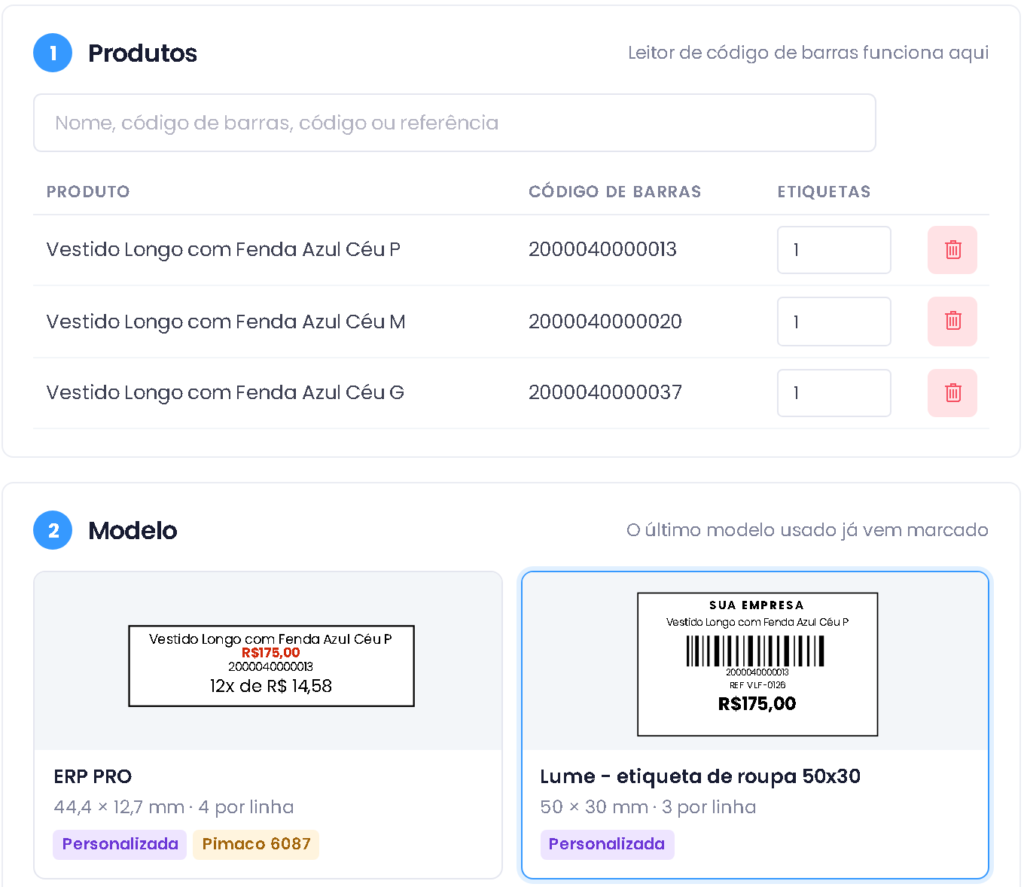 Tela de etiquetas do ERPPro com três tamanhos do mesmo vestido na lista e um modelo personalizado de 50 por 30 milímetros selecionado