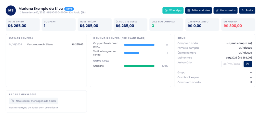 Ficha de uma cliente no ERPPro com total gasto, últimas compras, produtos que mais compra e valor em aberto