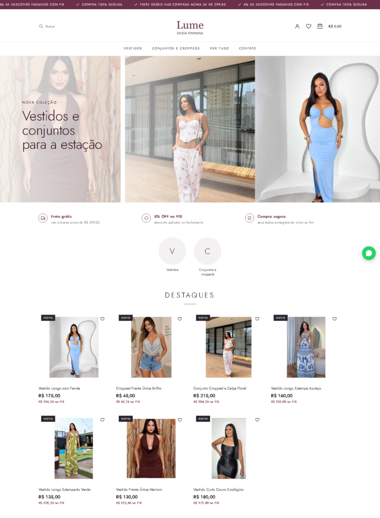 Loja virtual de moda feminina feita no ERPPro, com banner, categorias e produtos em destaque