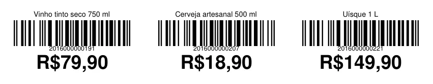 Etiquetas de preço geradas pelo ERPPro com nome, código de barras e preço
