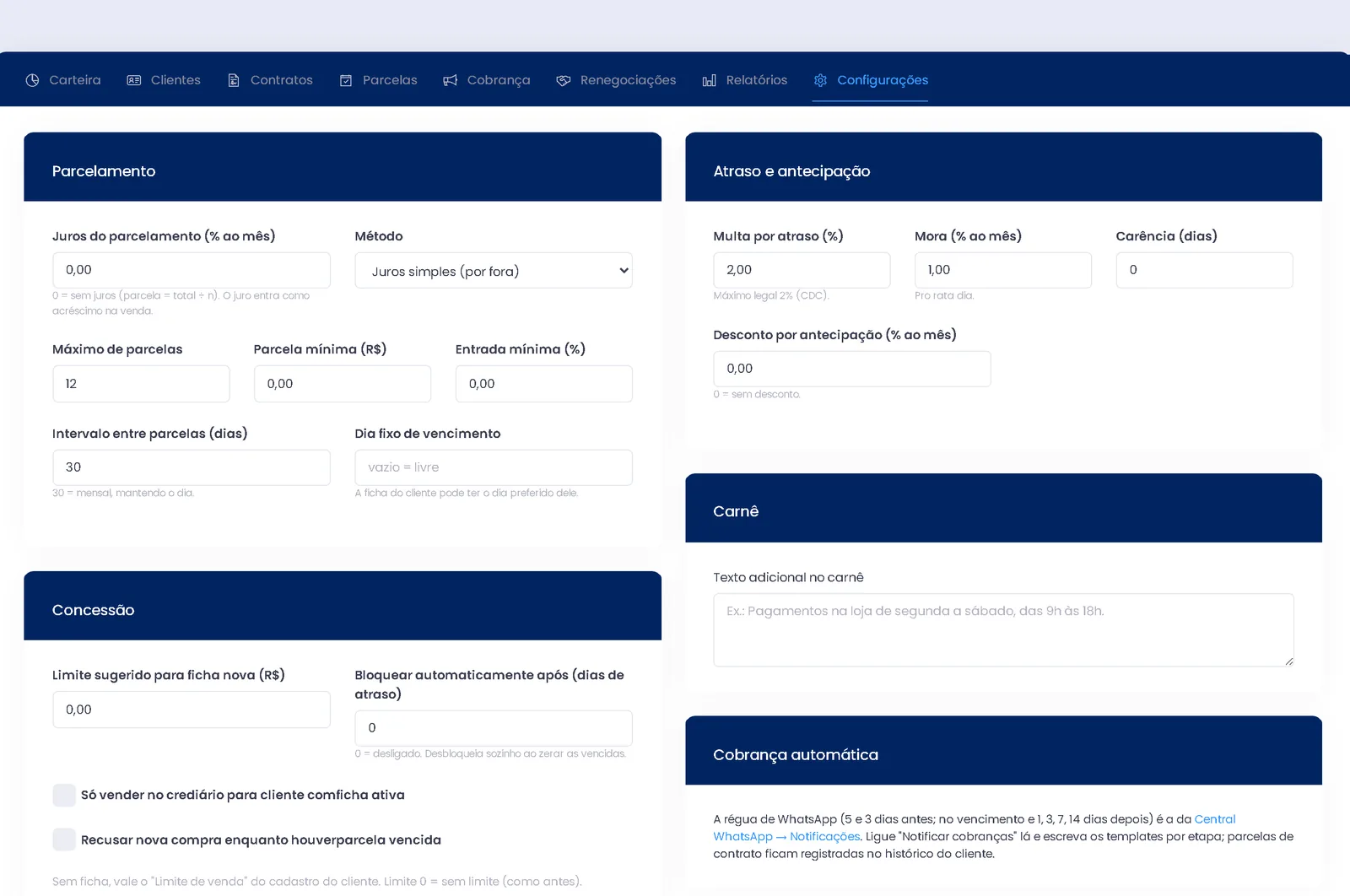 Configuração do crediário no ERPPro com multa, juros, limite e bloqueio por atraso