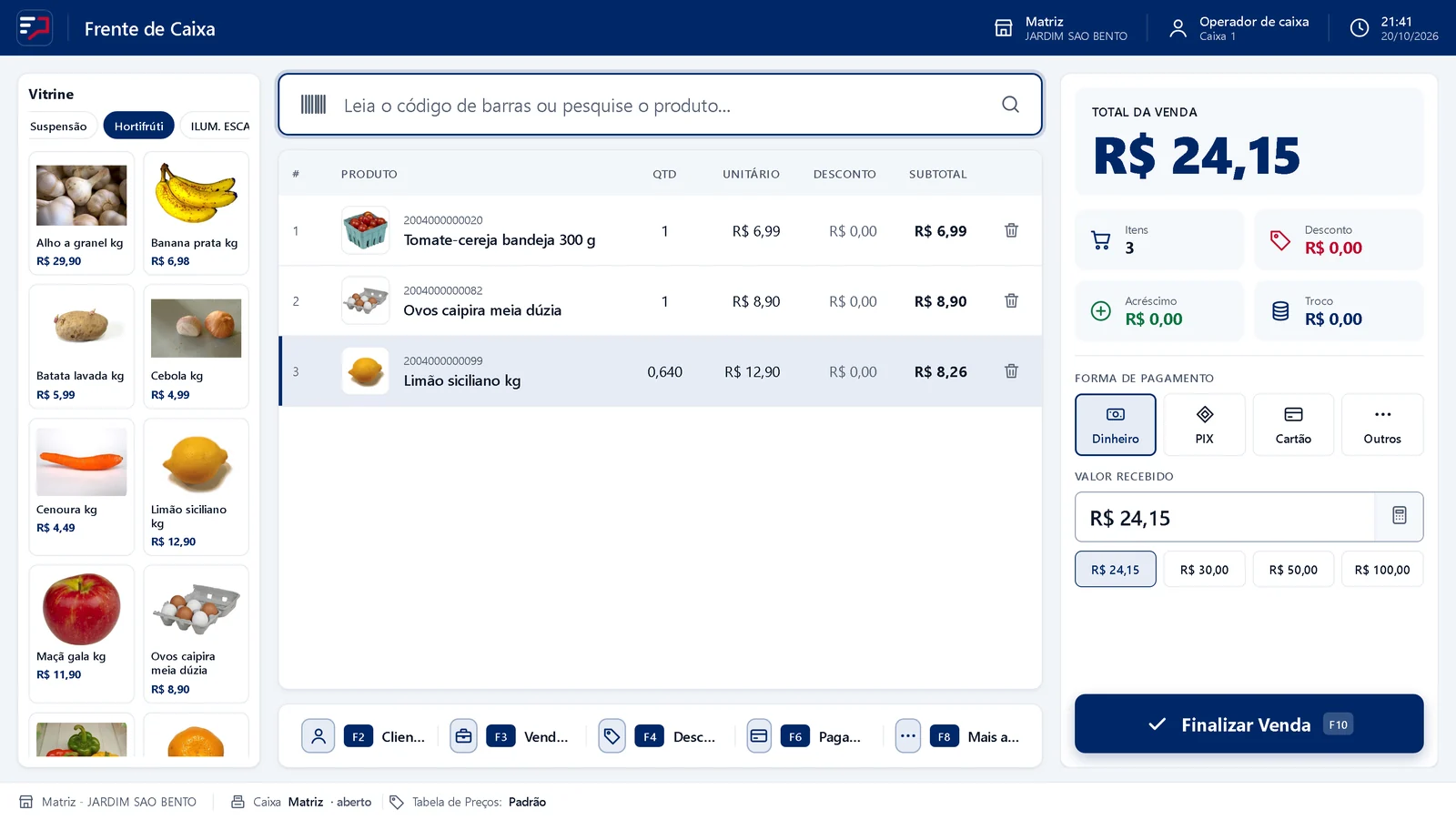 Leitor de código de barras adicionando produtos no Caixa Ágil do ERPPro