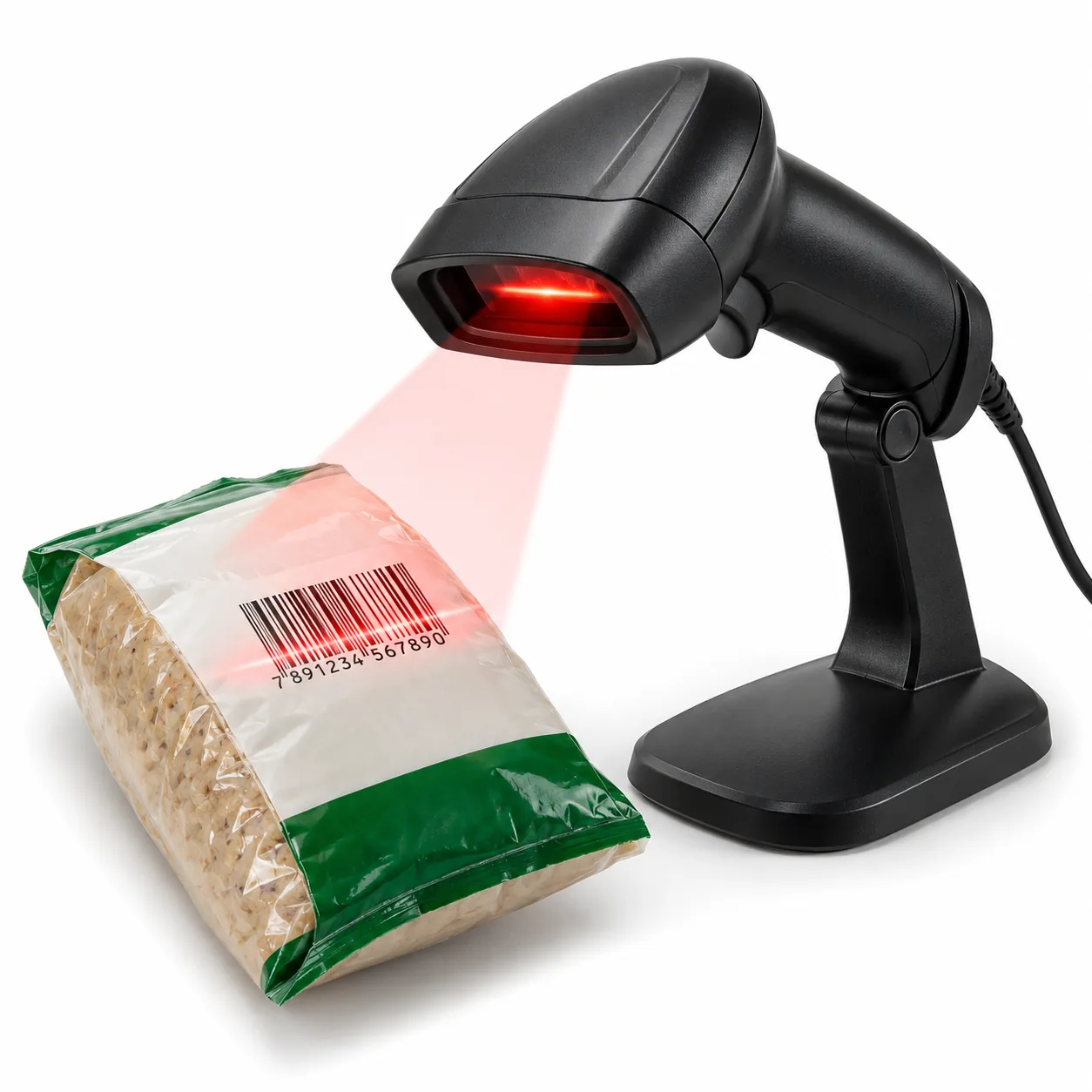 Leitor de código de barras para PDV lendo o código de um produto