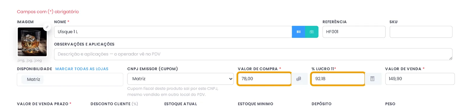 Cadastro de produto no ERPPro com valor de compra, percentual de lucro e valor de venda