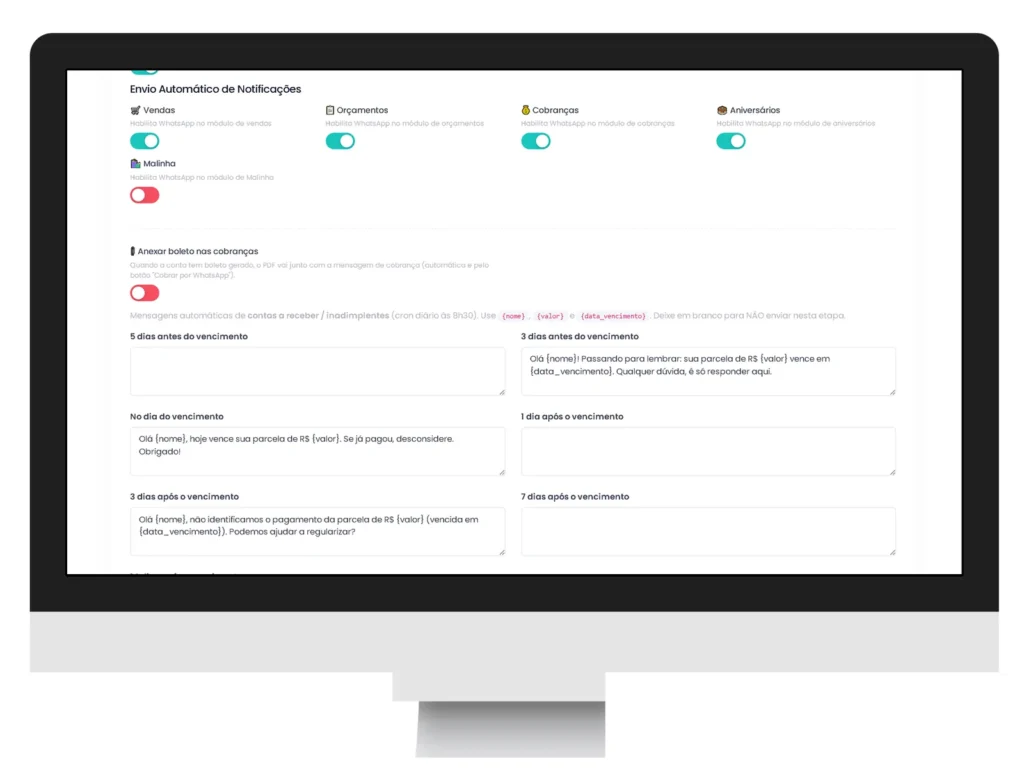 Régua de cobrança por WhatsApp no ERPPro com mensagens antes, no dia e depois do vencimento