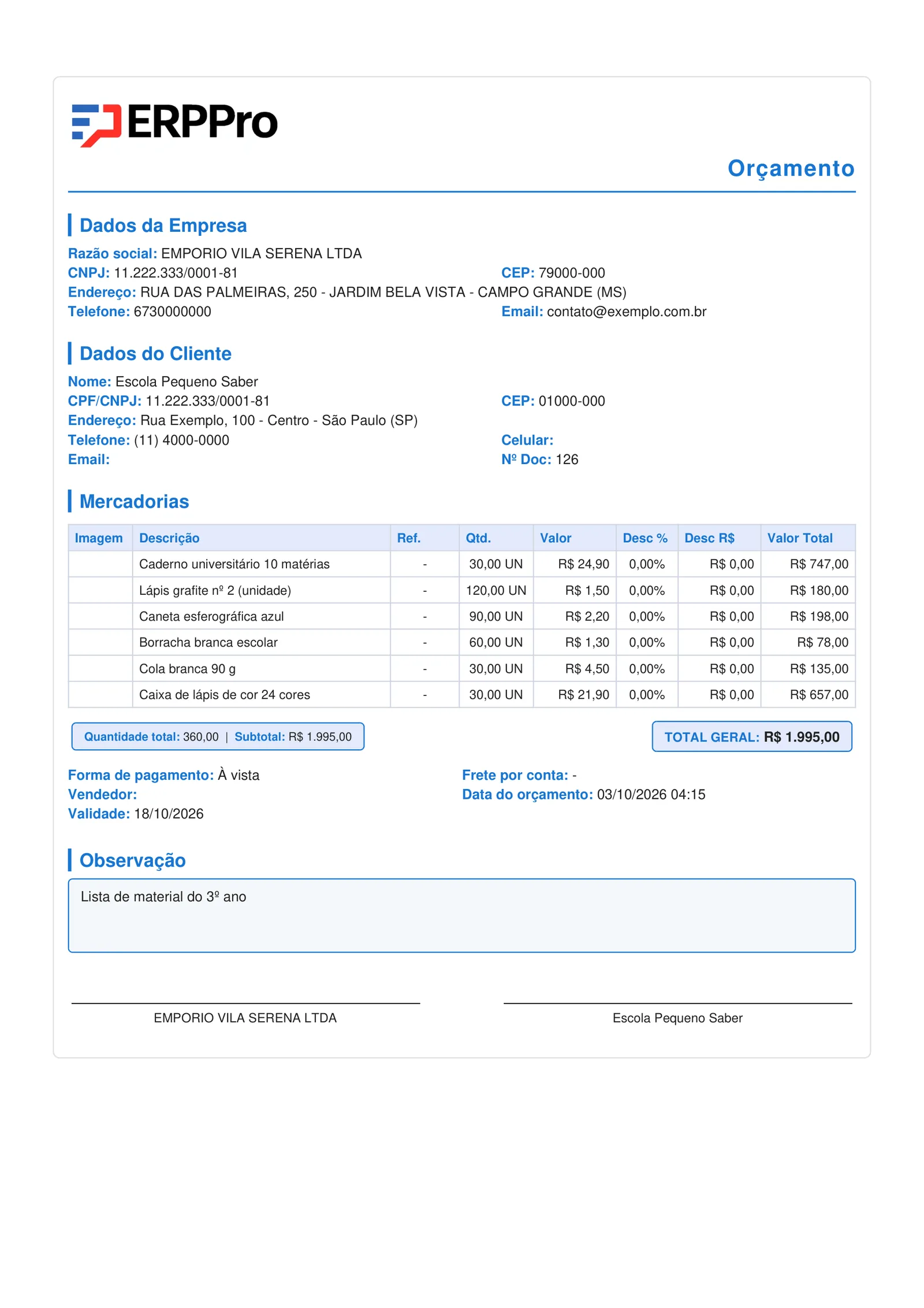 Modelo de orçamento em PDF gerado pelo ERPPro com dados da empresa, do cliente, itens e total