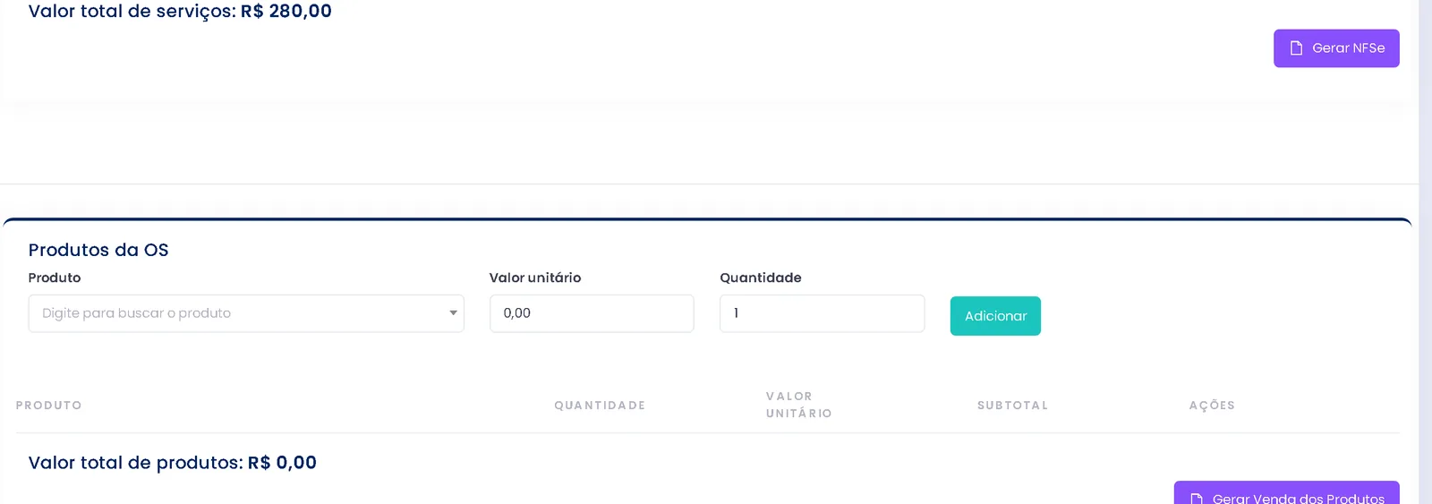 Área de produtos da ordem de serviço no ERPPro, com campos de produto, valor, quantidade e total das peças
