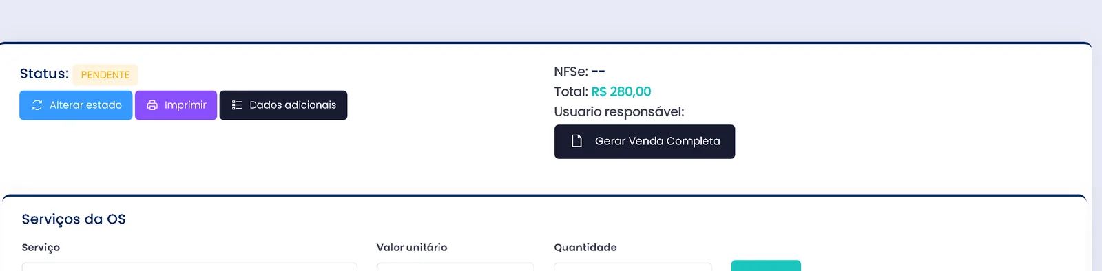 Ordem de serviço aberta no ERPPro mostrando o status Pendente, o total de R$ 280,00 e a área de serviços da OS