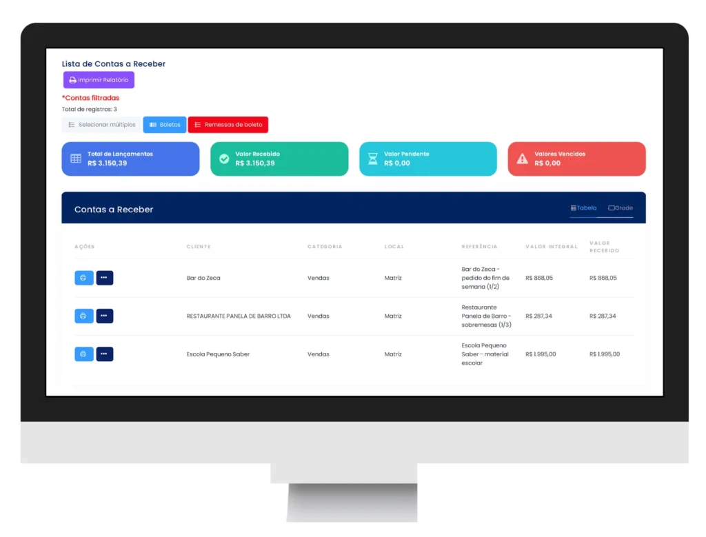 Contas recebidas no ERPPro com cliente, referência e valor recebido