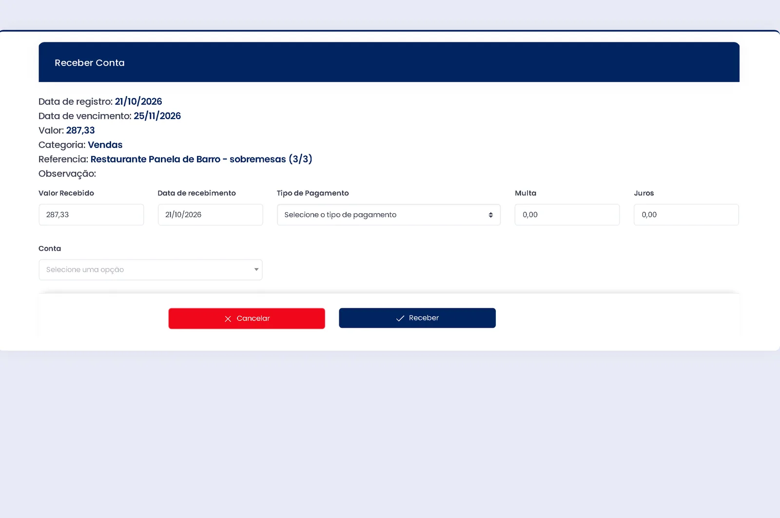 Tela de receber conta no ERPPro com valor recebido, data, forma de pagamento, multa e juros
