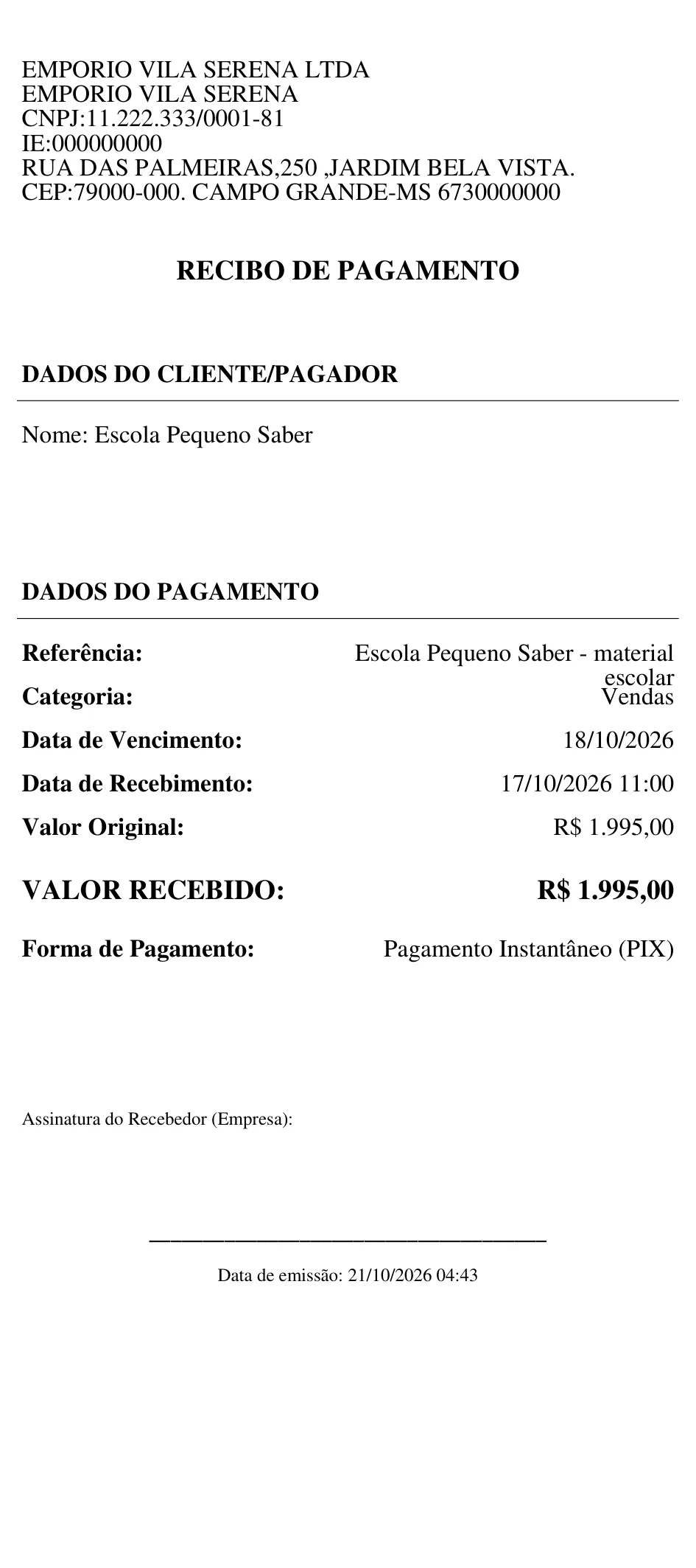 Modelo de recibo de pagamento impresso pelo ERPPro com cliente, referência, valor e forma de pagamento