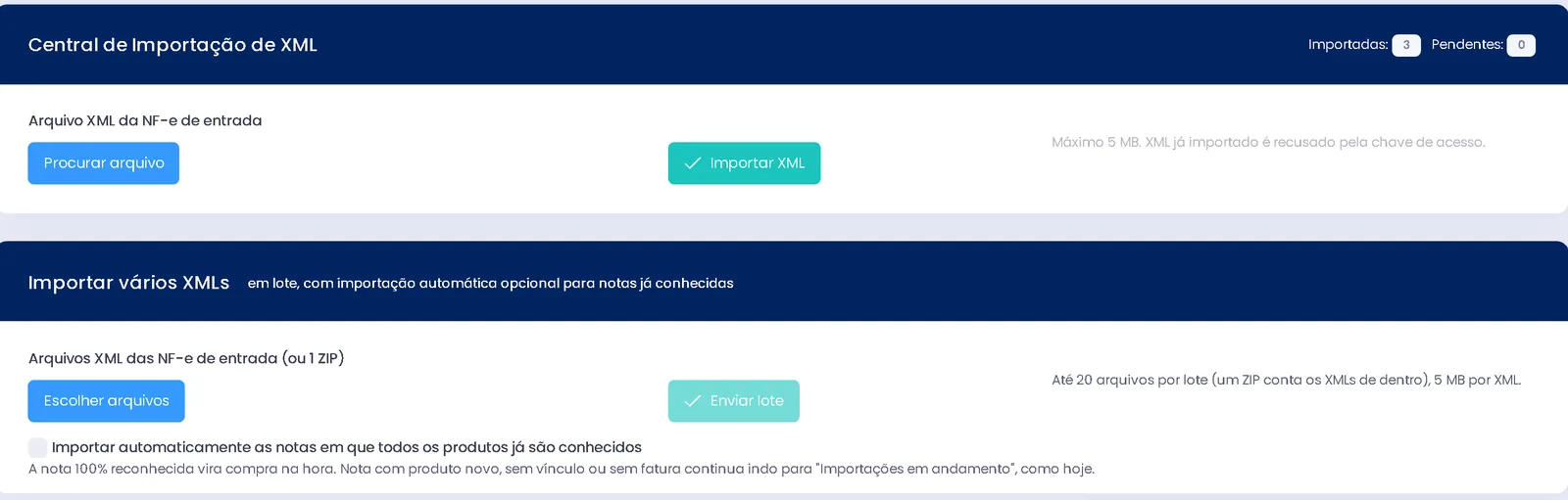 Central de Importação de XML da NF-e de entrada, com aviso de que XML já importado é recusado pela chave