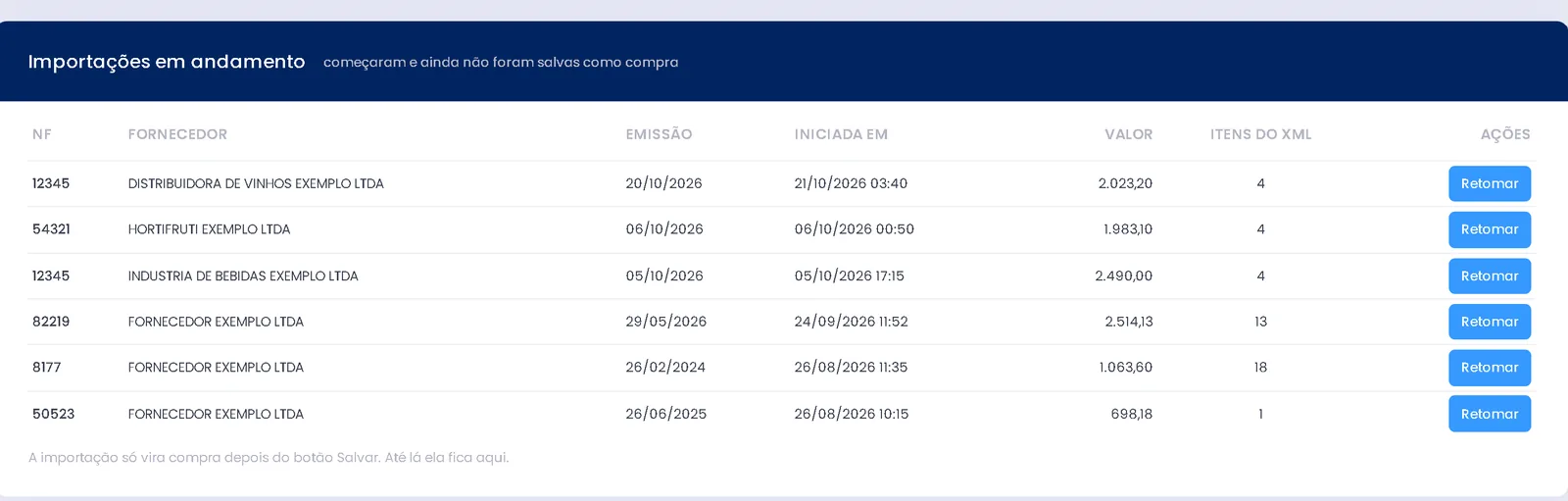 Lista de importações em andamento com notas de fornecedores fictícios, valor e botão Retomar